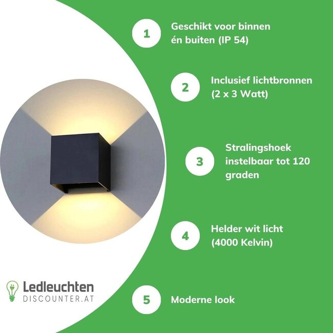 LED Wandleuchte Schwarz - 2x3W - Up and Down Abstrahlwinkel anpassbar - Lichtfarbe optional