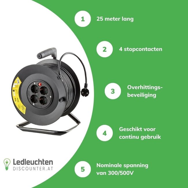 Teknik Kabeltrommel 25meter - 4-fach mit Schutzkontaktsteckdosen |  Schwarz  Kunststoff  - H05VV 3G1,5 mm²