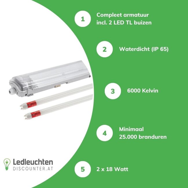 Komplettset - 120cm Doppelfassung - IP65 Feuchtraum - Wannenleuchte + 2 x 18W LED Leuchtstoffröhren - 6000K - 865 - Tageslichtweiß