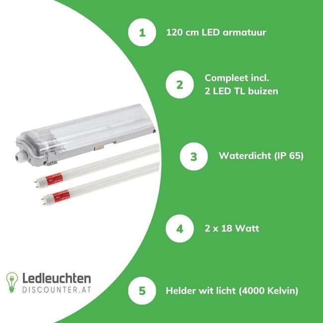 Komplettset - 120cm Doppelfassung - IP65 Feuchtraum - Wannenleuchte + 2 x 18W LED Röhren 4000K - 840 - Neutralweiß - Komplett