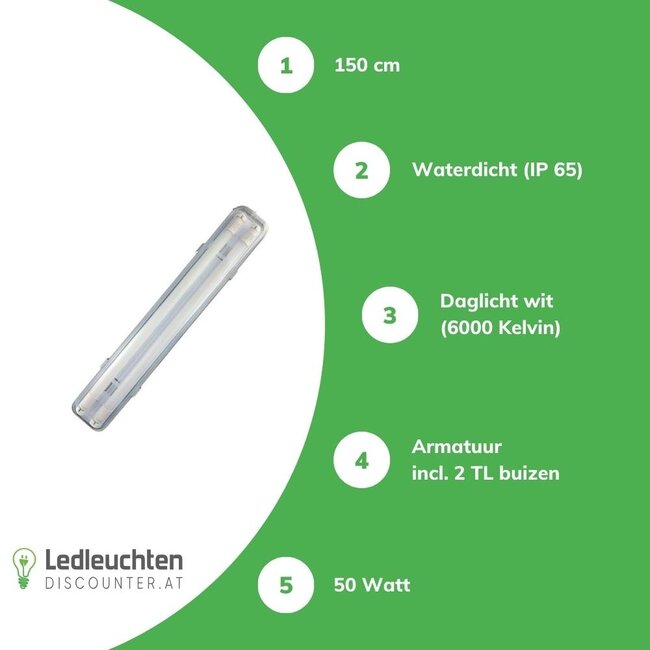 Komplettset - 150cm Doppelfassung - IP65 Feuchtraum -Wannenleuchte + 2 x 25W LED Leuchtstoffröhren 6000K - 865 - Tageslichtweiß