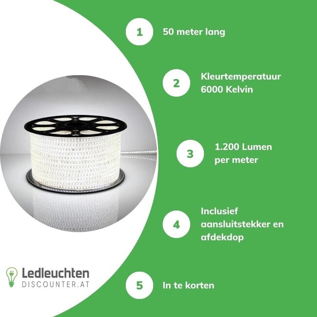 LED Leuchtband V1 6000K Tageslichtweiß - flach - wasserdicht IP65 - 50 Meter - Plug and Play - 230V