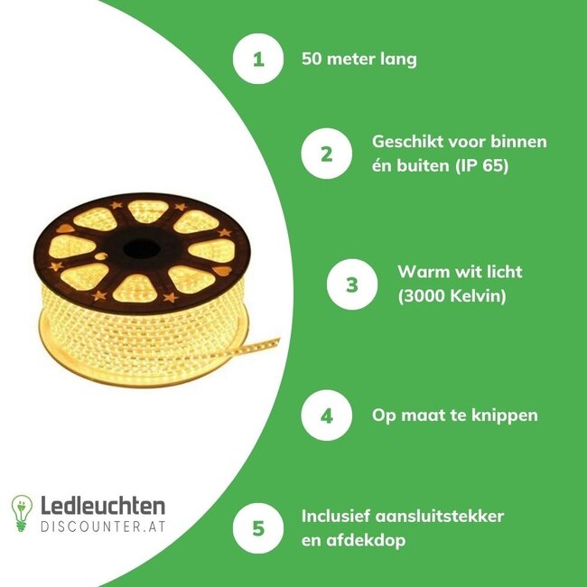 LED Leuchtband V1 3000K Warmweiß - flach - wasserdicht IP65 - 50 Meter - Plug and Play - 230V