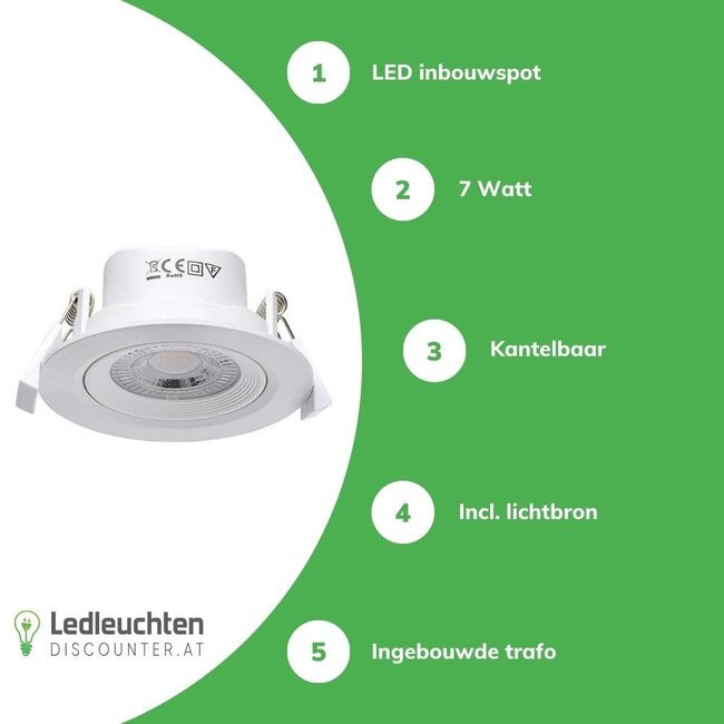 LED Einbauspot - 7W entspricht 41W - Sägegröße Ø75-80mm - Lichtfarbe optional - schwenkbar