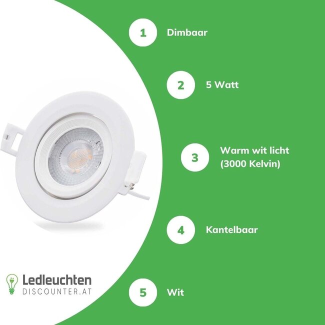 LED Einbaustrahler dimmbar - 5W entspricht 50W - 3000K Warmweiß - schwenkbar