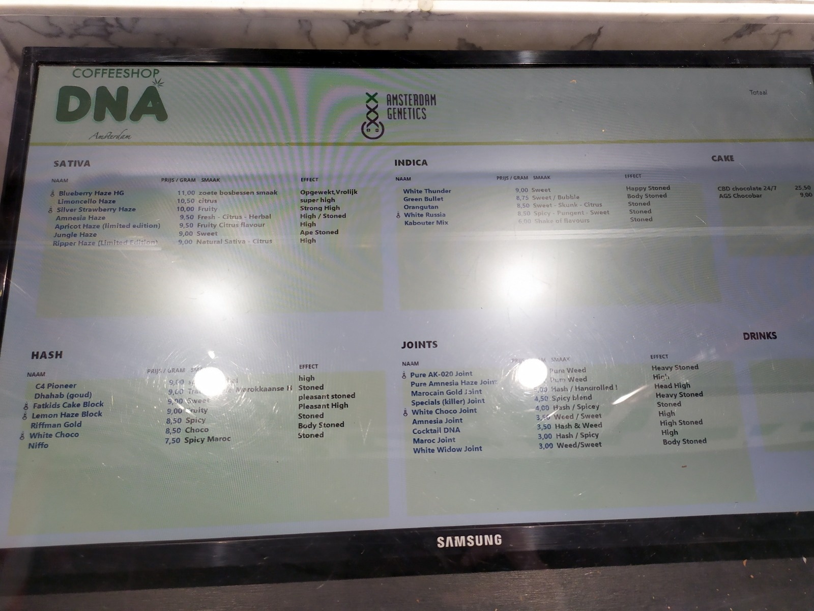 Coffeeshop DNA Amsterdam Menu