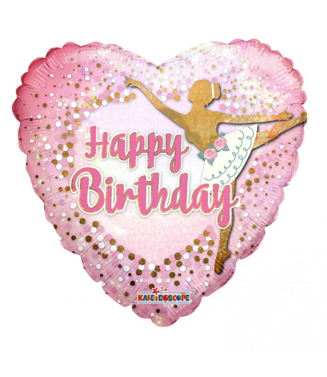 Balletdanseres lichtroze hartvormige Kaleidoscope folie ballon met Happy Birthday | Hoogte 45 centimeter | Per 10 ballonnen te bestellen