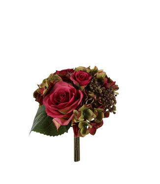 4A Fuchsiafarbener Rosen-Hortensien-Kunstblumenstrauß | Länge 22 Zentimeter | Pro Stück
