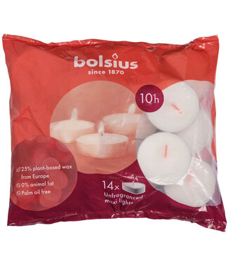 4A Weiße Bolsius-Maxi-Kerzen-Teelichter | 10 Brennstunden | 14 Teelichter pro Packung | Pro Stück