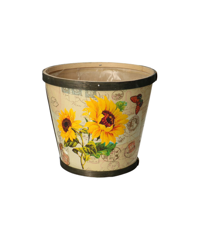 Gemengde kleuren houten Zonnebloem pot | Diameter 17 centimeter | Hoogte 15 centimeter | Per 10 stuks te bestellen