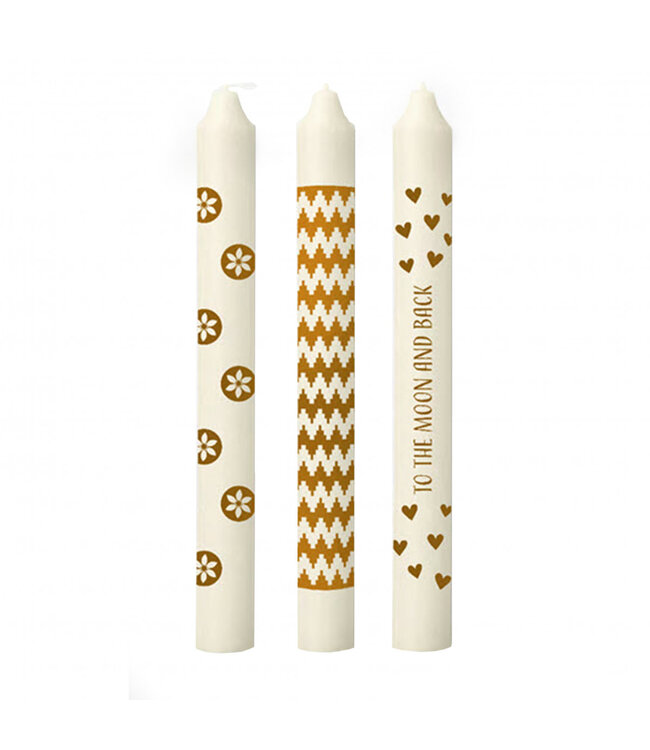 Gold-coloured deco candles | Diameter 2.2 centimetres | Height 20 centimetres | 3 candles per set | Ordered by piece
