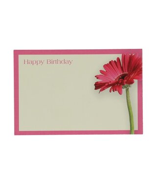 4A Carte couleur cerise avec fleur rose et texte anglais “Happy Birthday” | Largeur 9 centimètres | Hauteur 6 centimètres | Par 50 pièces