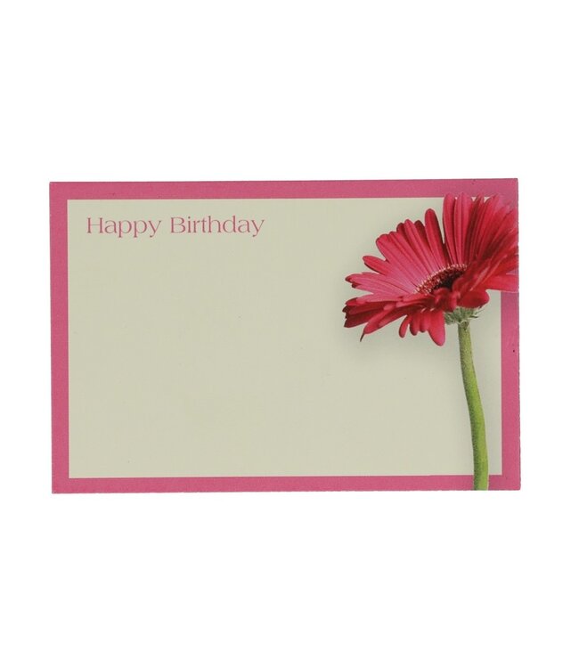 Cherry-coloured card with pink flower and English text "Happy Birthday" | Width 9 centimetres | Height 6 centimetres | Available to order in quantities of 50