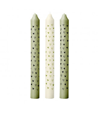 4A Bougies vertes de la fête des mères avec cœurs | Diamètre 2,2 centimètres | Hauteur 20 centimètres | 3 bougies par set | Par pièce