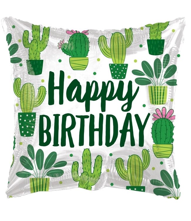 Groene biologisch afbreekbare ballon met cactussen Happy Birthday | Hoogte 45 centimeter | Per 10 ballonnen te bestellen