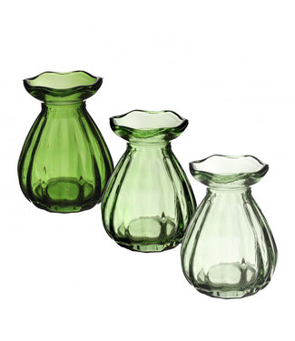 4A Groene glazen fles Fleur | Min. diameter 3 centimeter max. diameter 7 centimeter | Hoogte 9 centimeter | Per 12 stuks