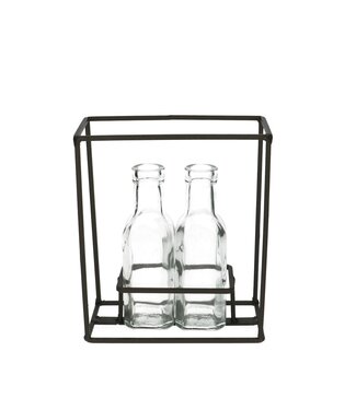 4A 2 glass bottles in black metal rack | Min. diameter 3 centimetres max. diameter 5 centimetres | Height 16 centimetres | Per 6 pieces