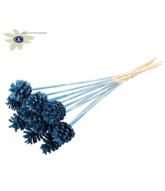 QC Metallic blue pine cones with glitter side plugs on stick | Diameter 5 - 7 centimetres | Per 50 pieces