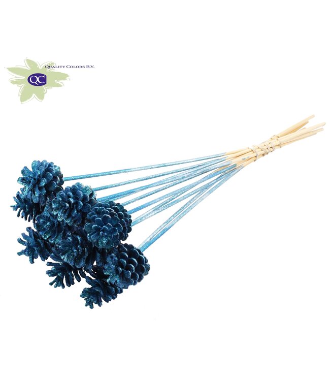 Metallic blue pine cones with glitter side plugs on stick | Diameter 5 - 7 centimetres | Order per 50 pieces