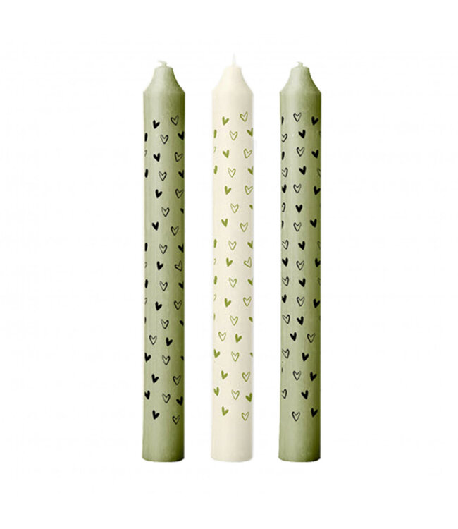 Groene bruiloft kaars met hartjes | Diameter 2.2 centimeter | Hoogte 20 centimeter | 3 kaarsen per set | Per stuk te bestellen