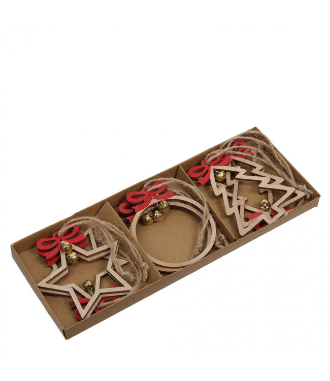 Kerst naturel Deco hanger hout xmas d6cm ( x 9 )