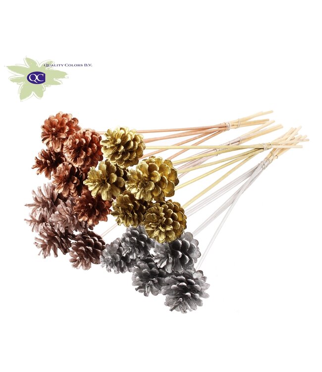 Pine cones mixed metal colours chic side plugs on stick | Diameter 5 - 7 centimetres | Ordered per 50 pieces