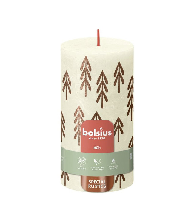 Cream-coloured rustic Bolsius pillar candle with pine | Diameter 7 centimetres | Height 13 centimetres | Order per 4 candles