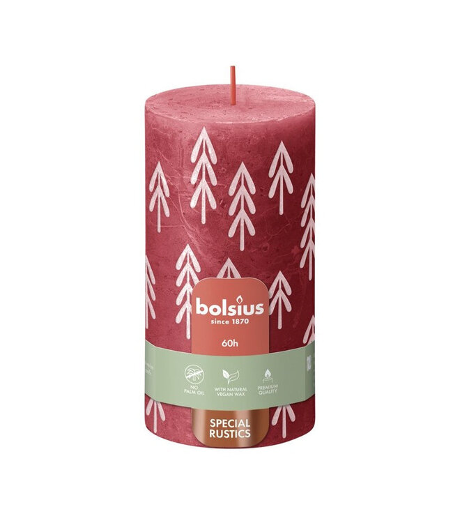 Red rustic Bolsius pillar candle with pine | Diameter 7 centimetres | Height 13 centimetres | Order per 4 candles