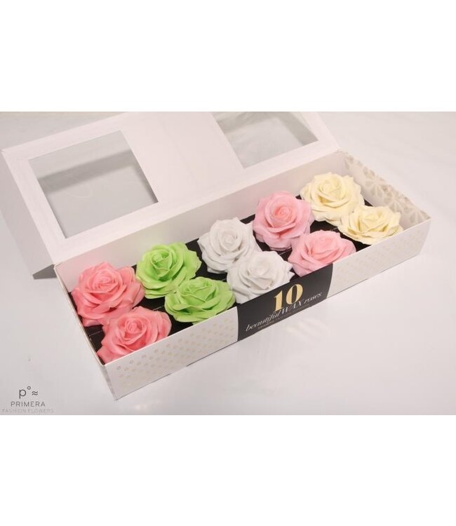 Mixed pastel-coloured silk wax roses | 10 pieces per box | Per box to order