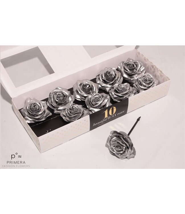 Silver-coloured silk wax roses | 10 pieces per box | Available to order per box