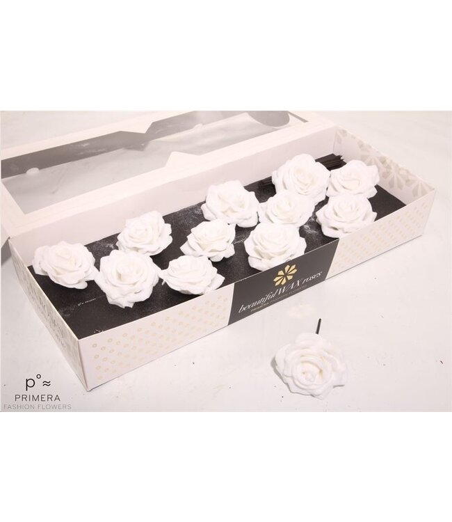 Roses en cire de soie blanches comme neige White Snow | Taille M | 12 pièces par boîte | À commander par boîte