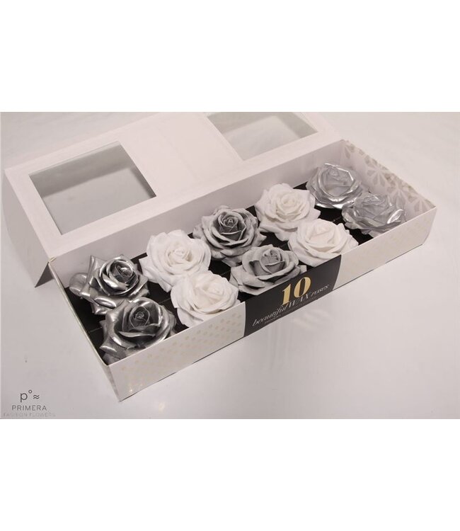 Mixed white and silver silk wax roses | 10 pieces per box | Order per box