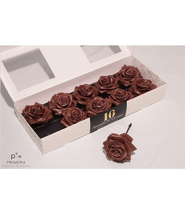 Chocoladekleurige zijden waxrozen | 10 stuks per doos | Per doos te bestellen