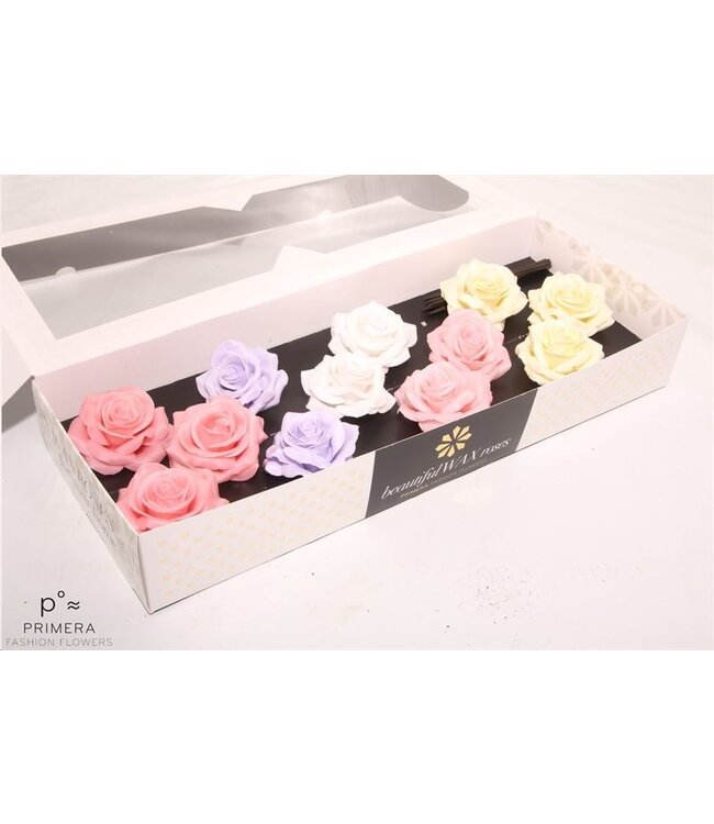 Mixed pastel-coloured silk wax roses | Available to order per 12 pieces