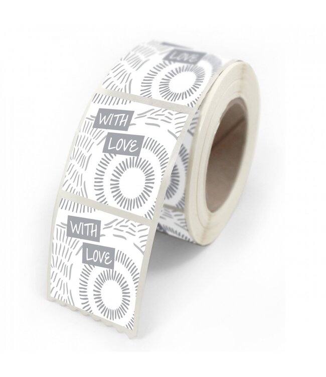Grey sticker labels with the text "With love" | Diameter 40 millimetres | Available to order in packs of 500