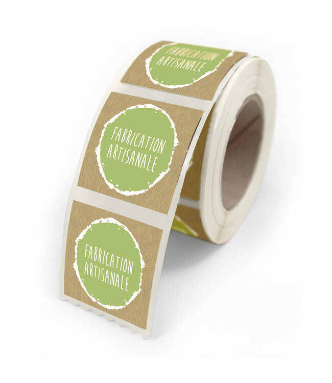 Natural green sticker label with the text “Artisanal” | Width 40 millimetres | Height 35 millimetres | Available to order per 500 pieces
