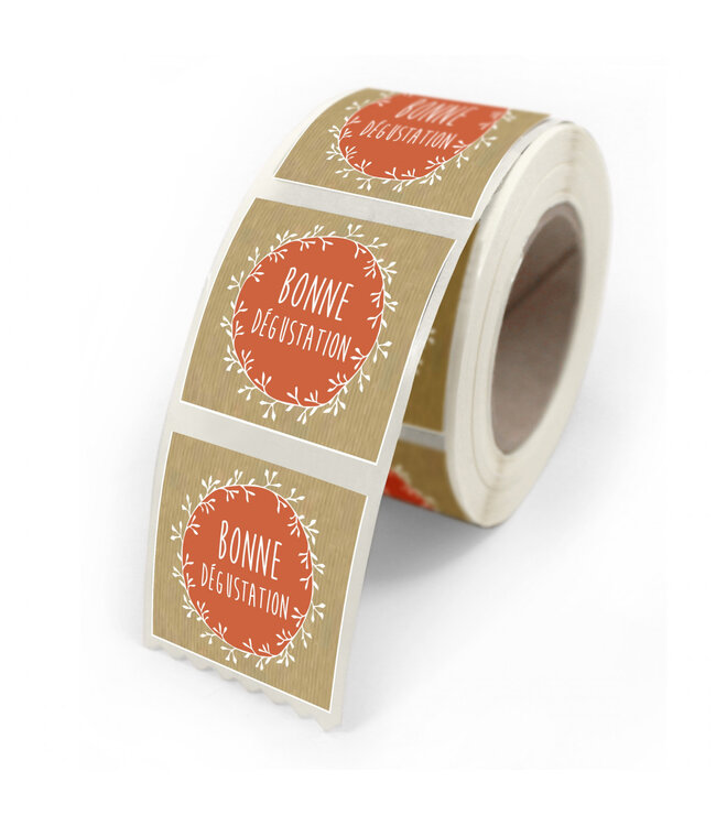 Natural orange sticker label with French text "Bonne Dégustation" | Width 40 millimetres | Height 35 millimetres | Available to order per 500 pieces