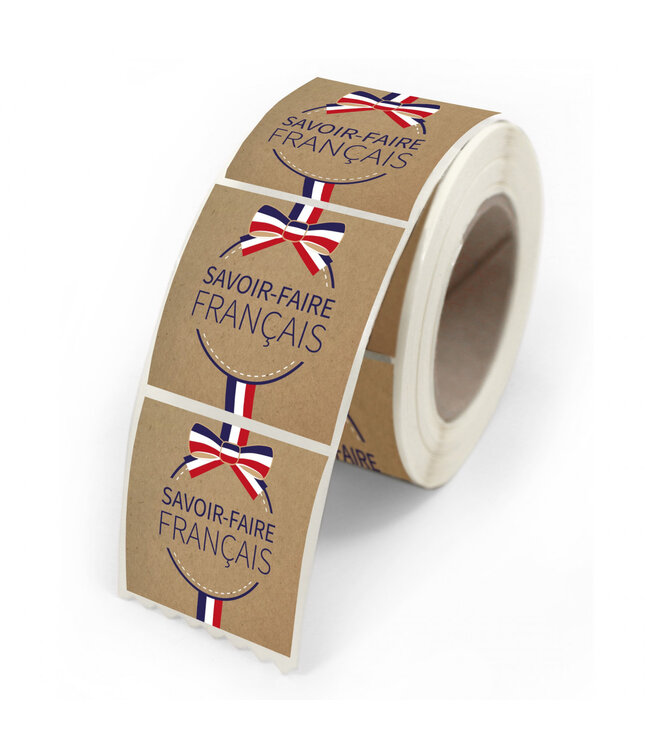Mixed colours sticker label with French text “Savoir Faire Français” | Width 40 millimetres | Height 35 millimetres | Available to order per 500 pieces
