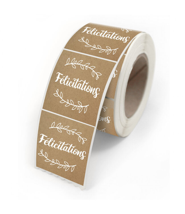 Étiquette autocollante marron naturelle avec texte français “Félicitations” | Largeur 40 millimètres | Hauteur 35 millimètres | À commander par 500 pièces