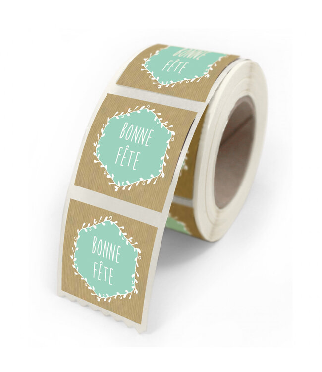 Natural mint sticker label with French text "Bonne Fête" | Width 40 millimetres | Height 35 millimetres | Available to order in quantities of 500 pieces