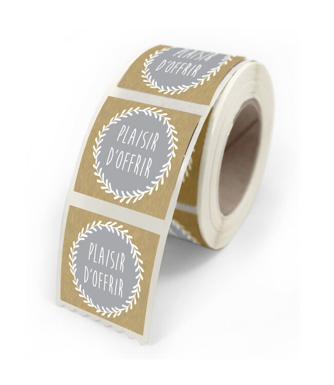 Natural grey sticker label with French text "Plaisir d’offrir" | Width 40 millimetres | Height 35 millimetres | Available to order in quantities of 500 pieces