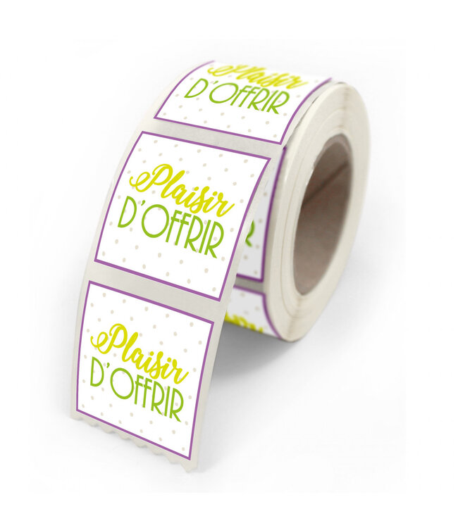 Mixed colours sticker label with French text “Plaisir d’offrir” | Width 40 millimetres | Height 35 millimetres | Available to order per 500 pieces