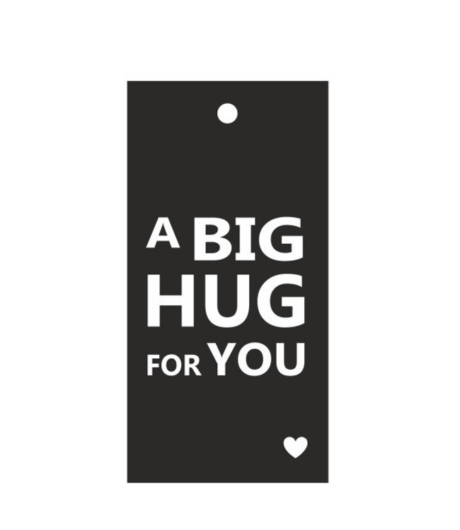 Étiquette Big Hug noire avec lettres blanches | Dimensions 5 x 10 centimètres | 20 étiquettes par paquet | Vendues à l'unité