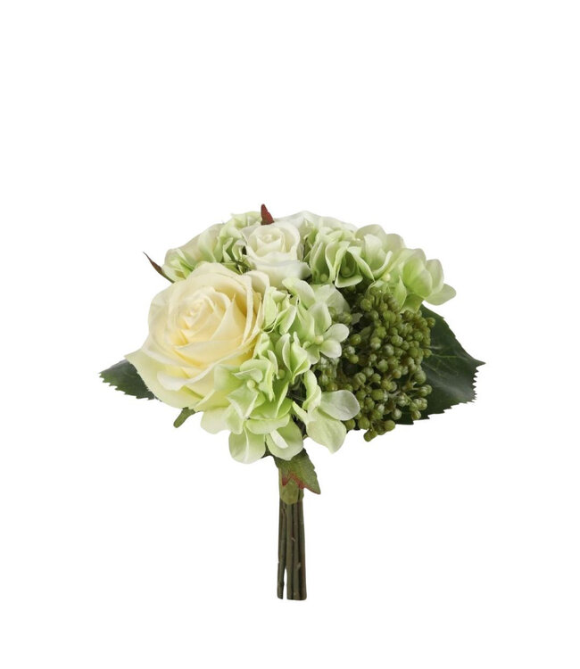 Cream-coloured Rosa Hydrangea artificial flower bouquet | Length 22 centimetres | Available for individual purchase