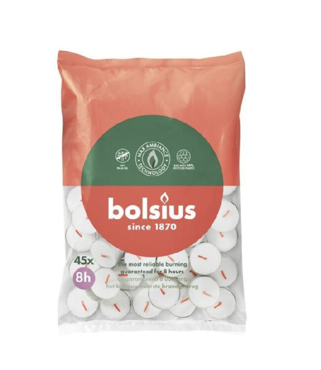 Weißes Bolsius 8-Stunden-Teelicht | 45 Teelichter pro Packung | Stückweise bestellbar