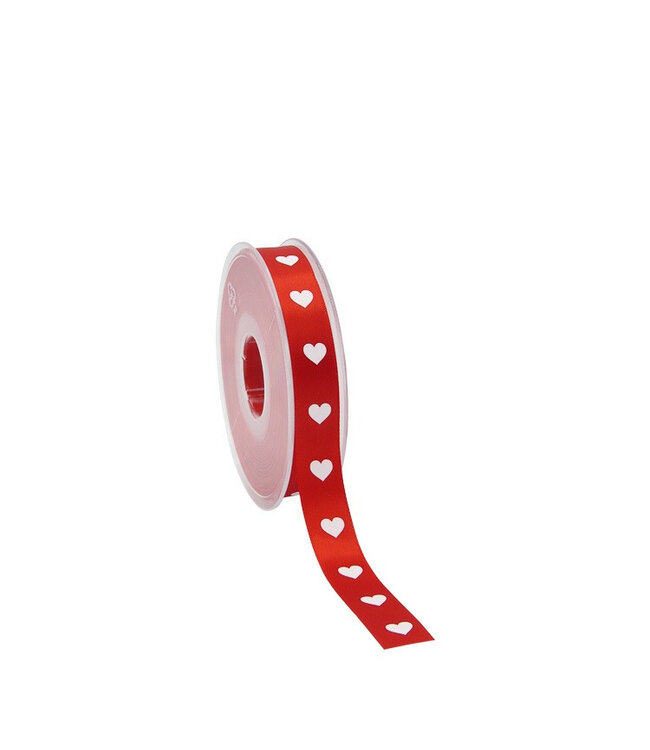 Red Mother's Day satin ribbon with hearts | 15 millimetres wide | Length 25 metres | Available to order individually