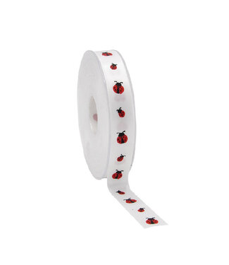 4A White satin ribbon with pink ladybirds | 15 millimetres wide | Length 25 metres | Per piece
