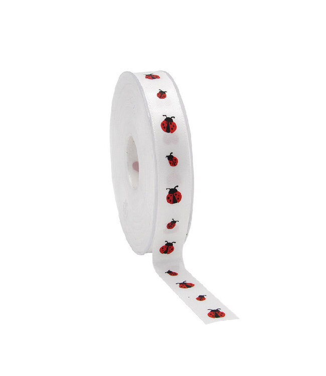 White satin ribbon with pink ladybirds | 15 millimetres wide | Length 25 metres | Available to order individually