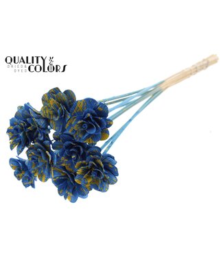 QC Beetal Rose 6cm on stem Splashed Blue/Yellow ( x 50 )