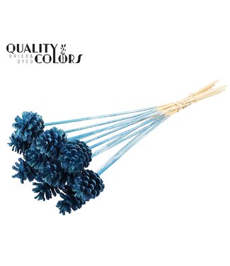 QC Pine cone 5-7cm on stem Metallic Blue + Glitter ( x 150 )
